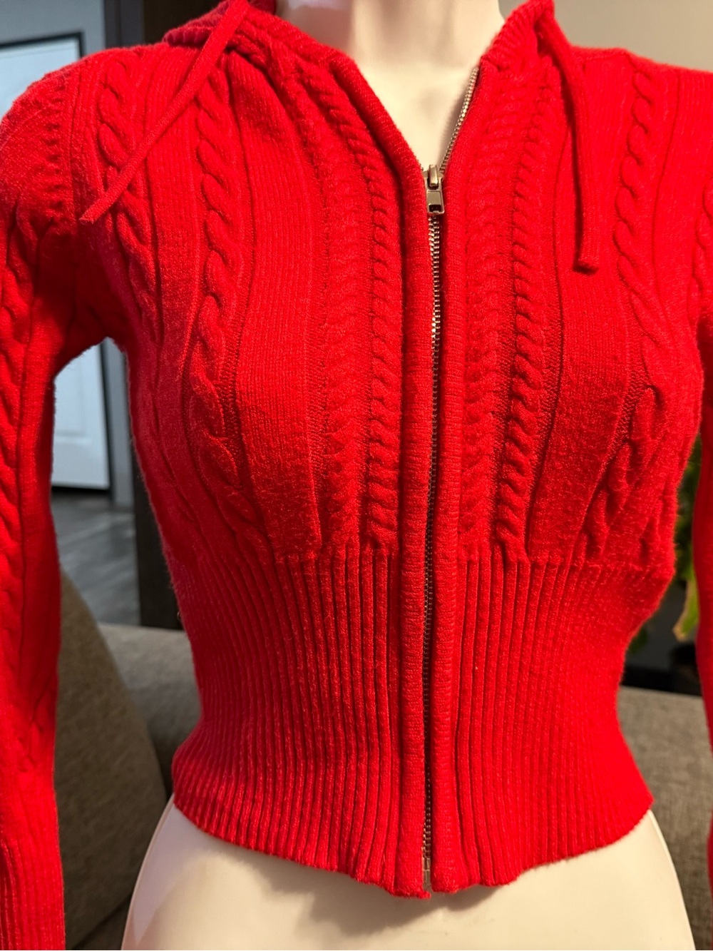 Harper Red Cable-Knit Zip Hoodie Sweater